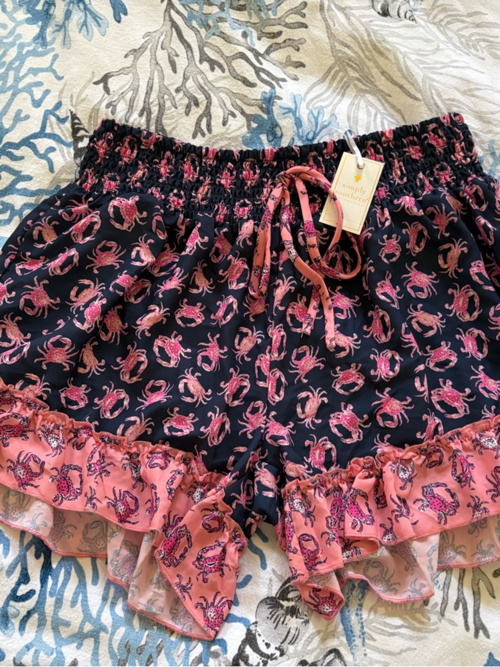 Simply Southern Navy Shorts with the Cutest Pink Crab Print and Ruffle - Picture 7 of 7